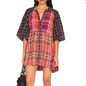 Free people moon bay mixed plaid top flannel balloon short sleeve grunge boho